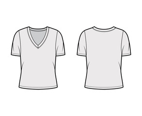 Deep V-neck jersey t-shirt technical fashion illustration with short sleeves, oversized body. Flat top apparel template front, back grey color. Women, men unisex outfit CAD mockup