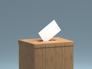 3D rendered illustration of a generic wooden voting box, and a blank paper representing the ballot