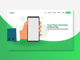 Smart phone in hand, green striped background, landing page, vector