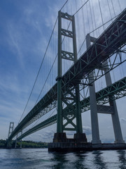 Tacoma Narrows Bridge from under the bridge in the Narrows stretch of South Puget Sound