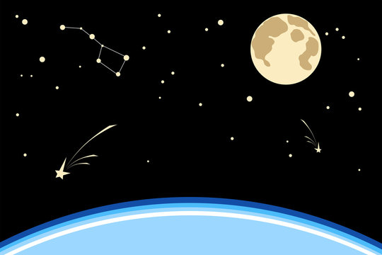 Planet Earth and the starry sky. Full moon, stars, constellation Ursa Major. Space. Flat style.