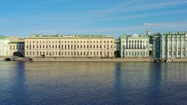 Aerial Saint Petersburg historical cityscape Hermitage Imperial Palace sculpture facade. City life Russia. Promenad
