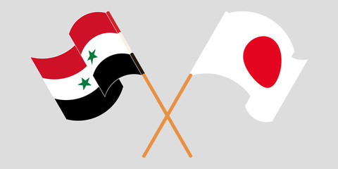 Crossed and waving flags of Syria and Japan