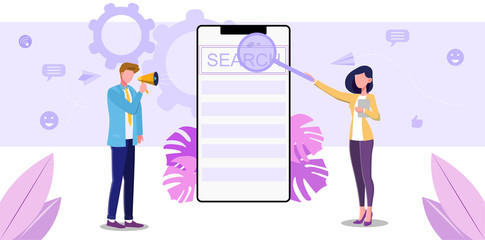 Vector illustration of search system. Mobile phone app for online searching information in internet