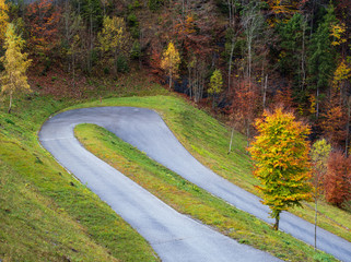 Alpine autumn road view, overcast, foggy and drizzle day.