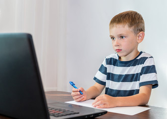 Naklejka premium The child looks at the laptop and writes in a notebook. Online learning. Online lessons.