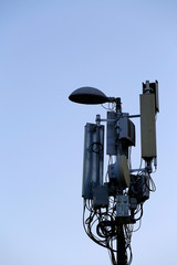 3G, 4G, 5G telecommunication voice and data antennas are seen in a street light pole of the city of Istanbul, Turkey.