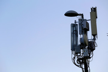 3G, 4G, 5G telecommunication voice and data antennas are seen in a street light pole of the city of Istanbul, Turkey.