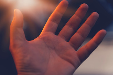 Christian man with open hand worship christian. Eucharist Therapy Bless God Helping Repent Catholic Easter Lent Mind Pray. Christian concept background.