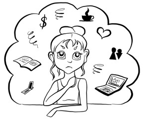 Women in under stress, pressure and dizzy from all problems thionking about different things