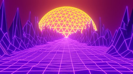 3d render of a glowing neon sign on a mosaic background sunset vaporwave