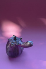 Big ugly purple eggplant on a paper purple background. Organic vegetable Solanum melongena. Conscious eating concept. through