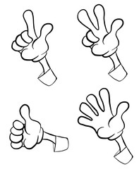 Set of cartoon hands showing different signs, success, pointing, like, dislike, stop.