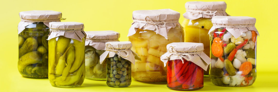 Homemade preserved and fermented food, pickled and marinated vegetables