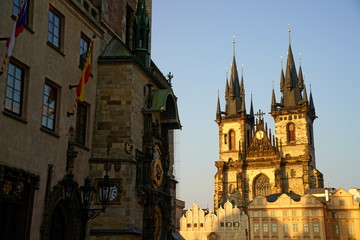 Fototapeta na wymiar Týn Church and Old Town Hall in Prague in Evening Sunlight