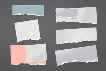 Torn of white and colorful note, notebook paper strips and pieces stuck on black background. Vector illustration