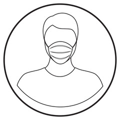 man in face mask icon; healthcare workers in uniform; line art style; vector illustration, symbol for app, print or web.