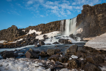 Water from waterfall splashing on a rocky river Iceland