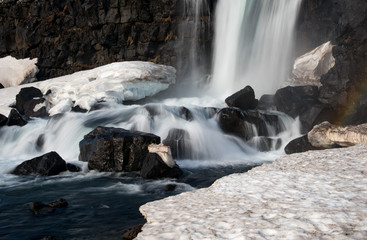 Water from waterfall splashing on a rocky river Iceland