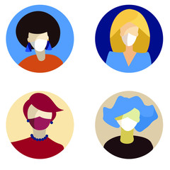 Set of profile avatar image. Circle shape user web icons. Flat design female portrait with medical surgical face mask against covid-19. 