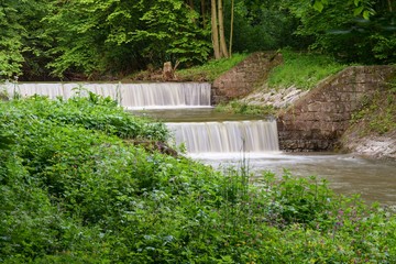  The weir cascade on the Juhyne River. East Moravia. Czechia. Europe.