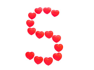 The letter S is made up of small red hearts isolated on a white background. Bright red font.