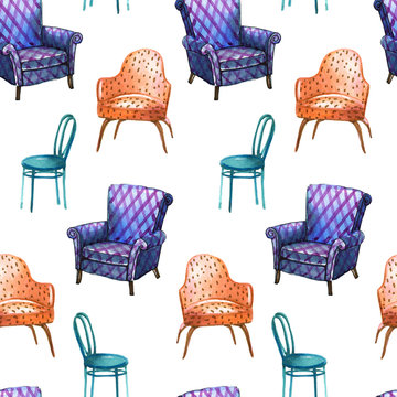 Colorful pattern of different chairs in watercolor style to use in illustration,background, interior design. Hand drawn pattern with armchairs  on the white background.