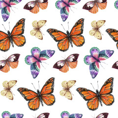 Fototapeta na wymiar Watercolor butterflies background, hand drawing illustration. The seamless pattern isolated on white background. with orange and violet butterflies. Botanical wallpaper