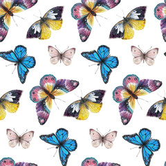 Watercolor butterflies background, hand drawing illustration. The seamless pattern isolated on white background. with orange and violet butterflies. Botanical wallpaper