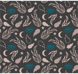 Fototapeta premium Cute seamless floral magic pattern. Eyes, moon, stars. Vector background in boho style