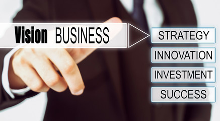 Businessman presses button on the interactive screen with the inscription - Vision Business
