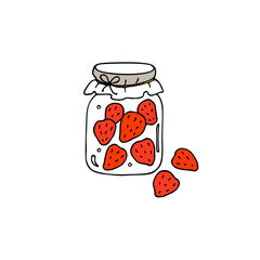 Jar with strawberry jam. Hand drawn vector illustration.