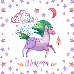 Watercolor hand painting illustration with cute violet unicorns, clouds, raindrops, stars and moon on white background. Magic illustration with little unicorns for card, post card, birthdaycard.