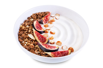 Greek yogurt chocolate nuts oatmeal granola with figs on a white isolated background