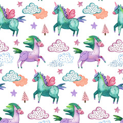 Watercolor hand painting pattern with cute unicorns, clouds, trees and stars. Magic background with little unicorns.
