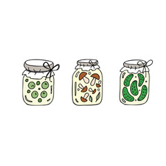 Jar with pickled peas, cucumbers, mushrooms. Hand drawn vector illustration.