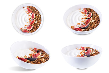 Greek yogurt chocolate nuts oatmeal granola with figs on a white isolated background