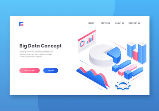 Big Data Website Hero Image Layout with Isometric Infographics