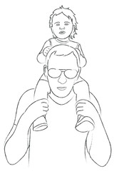 Sketch man put the baby on the neck, father with son, man in sunglasses with a little boy on his shoulders