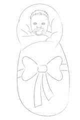 Sketch a babe wrapped in a blanket with a bow, baby portrait with pacifier
