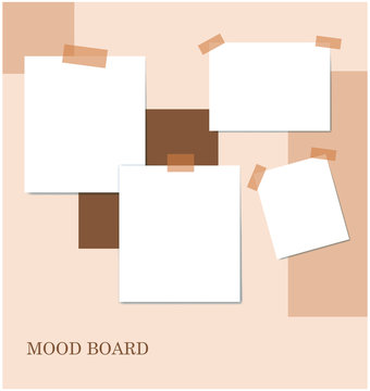 Sticky notes brown color mood board template. Decorative vector collage composition for office memos pad, pins, sticky notes board and duct tape notes, presentation and photo frame