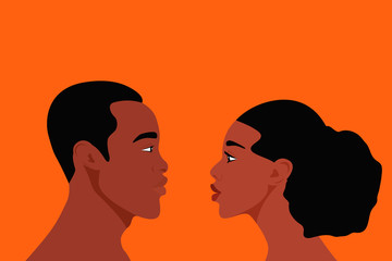 Black African People, Man and Woman Look at Each Other in the Distance. Quarantine, Coronavirus Concept. COVID-2019. Relationship, Communication, Love, Friendship, Family. Vector Cartoon in Flat Style