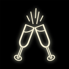 Neon drink in two glasses. Bright toast sign. Cocktails, binge, champagne, wine, theme. Light glowing alcohol symbol