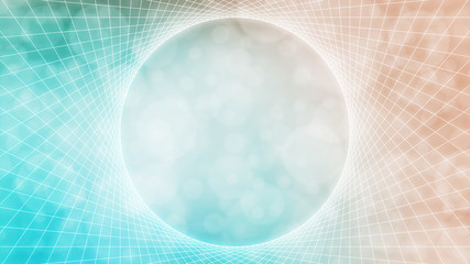 Soft teal, orange glowing abstract line art sacred geometry, vortex frame, textured bokeh background