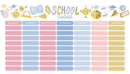 Template school timetable for students or pupils with days of week and free spaces for notes. Flat vector Illustration includes many hand drawn elements of school supplies and doodle school theme.