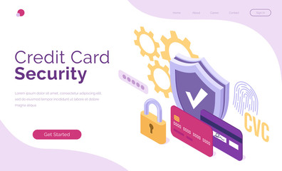 Credit card security banner. Concept of protection online payments and money from fraud and mobile scam. Vector landing page with isometric banking cards, shield and padlock