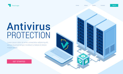 Antivirus protection isometric landing page. Cyber data security, server room connected with laptop through protected hub, computing internet digital technology, 3d vector illustration, web banner