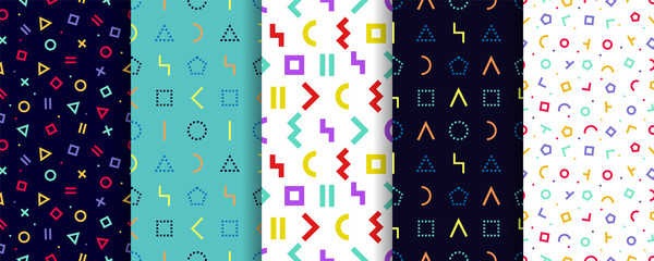 Set of five geometric textures. Memphis seamless pattern. Vector. Wrapping paper design. Colorful geometric background. Minimal abstract cover. Pattern templates in swatches panel