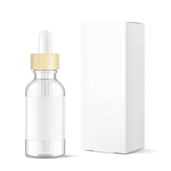 Dropper bottle with wooden cap and and cardboard box mockup isolated on white background. Vector illustration. Сan be used for cosmetic, medical and other needs. EPS10.	