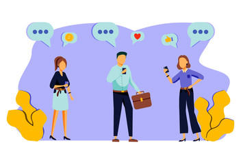 Social Networking Virtual Relationships Concept. Flat People Characters Chatting via Internet Using Smartphone. Group of Man and Woman with Mobile Phones. Vector illustration